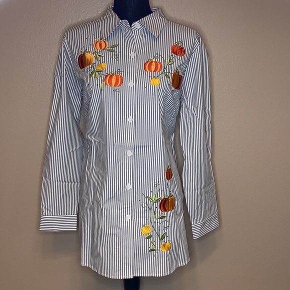 Fall Pumpkins Embroidered Sequins Button Down Top - Picture 2 of 16